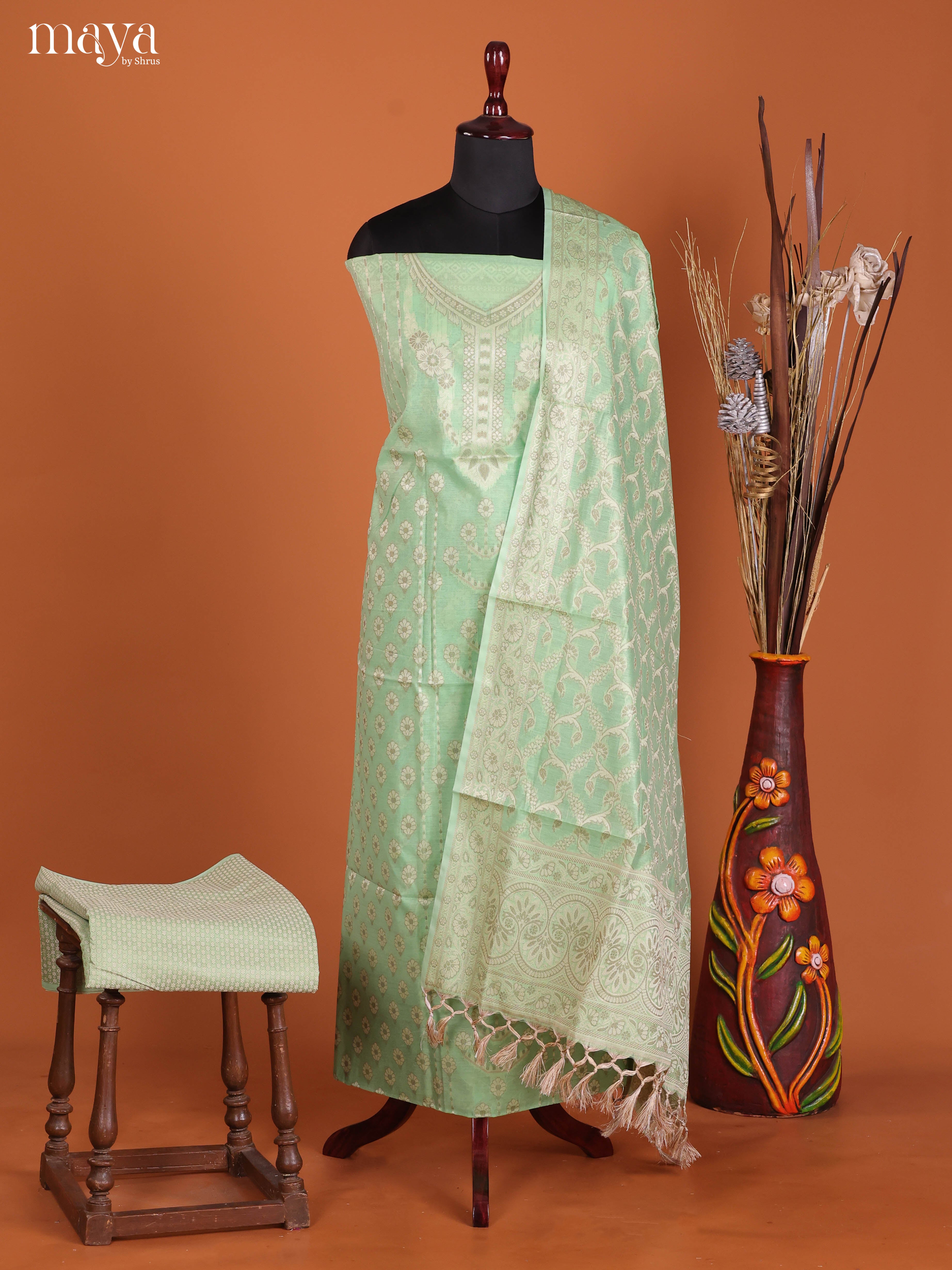 Breezy Pista Green Semi Tussar Salwar Suit Material With Zari Woven Dupatta