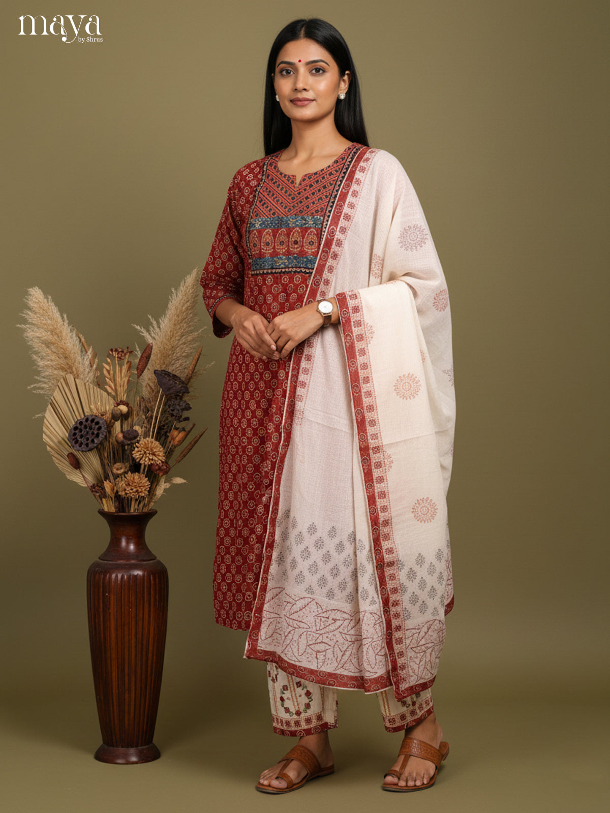 Chic Maroon Floral Printed Cotton Salwar Suit Set With White Dupatta
