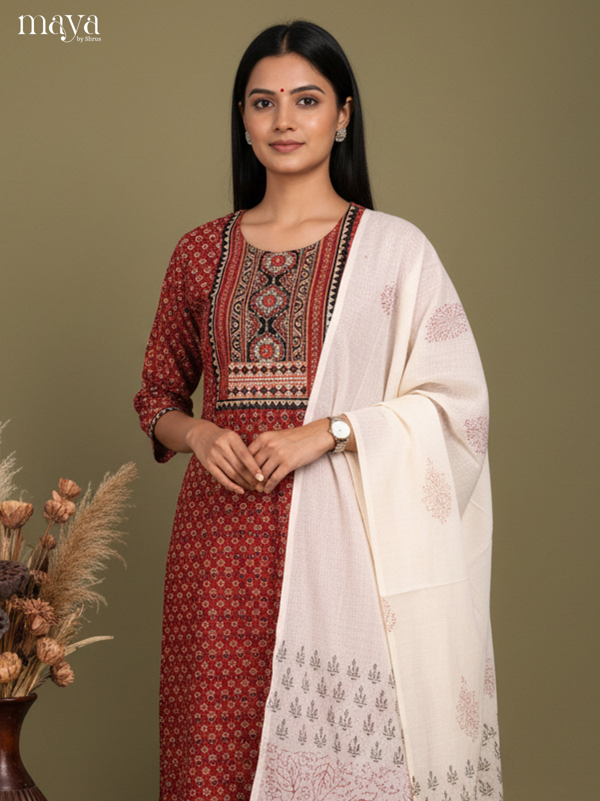 Elegant Maroon Floral Printed Cotton Salwar Suit Set With White Dupatta