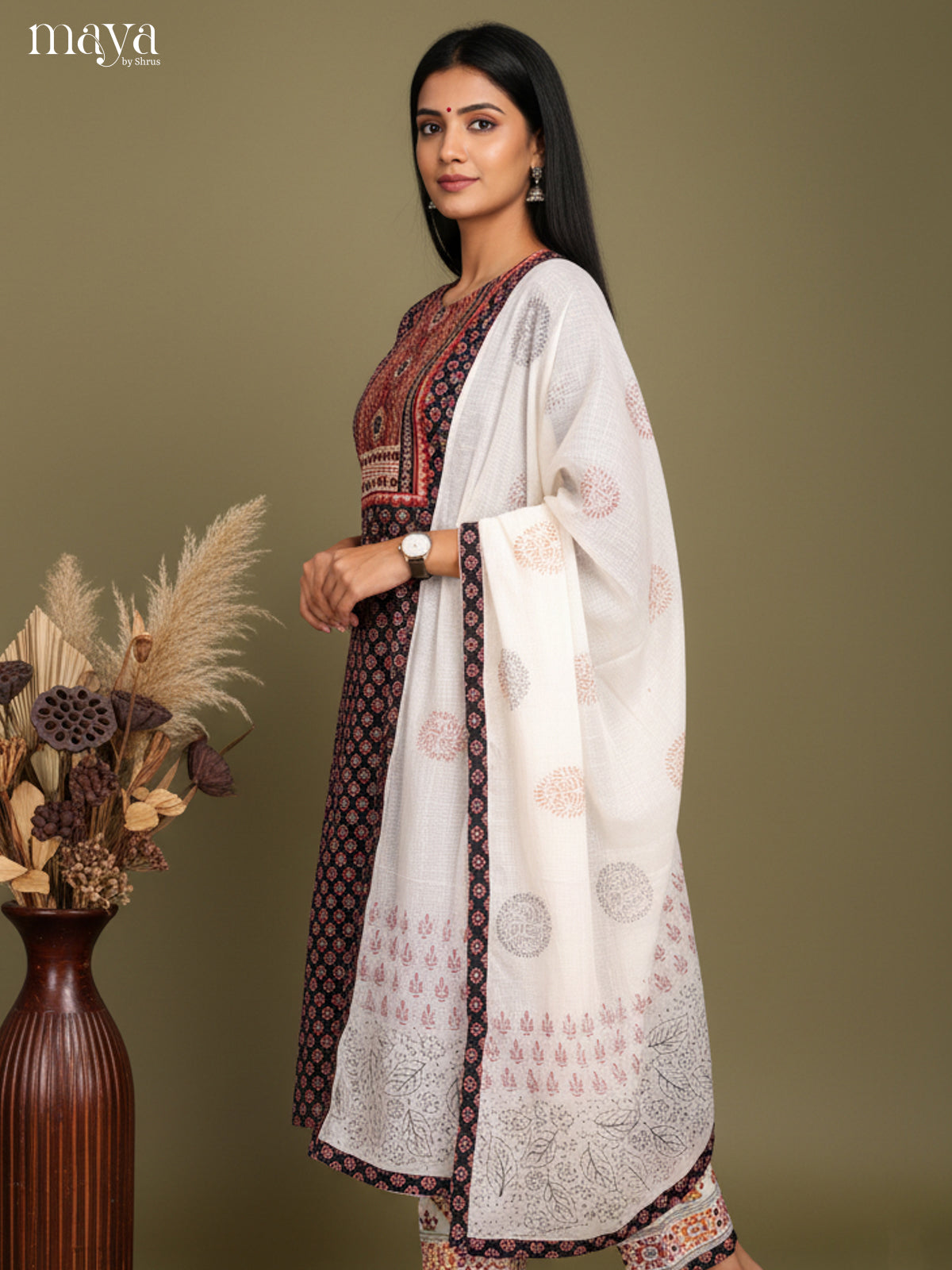 Classic Black Floral Printed Cotton Salwar Suit Set With White Dupatta