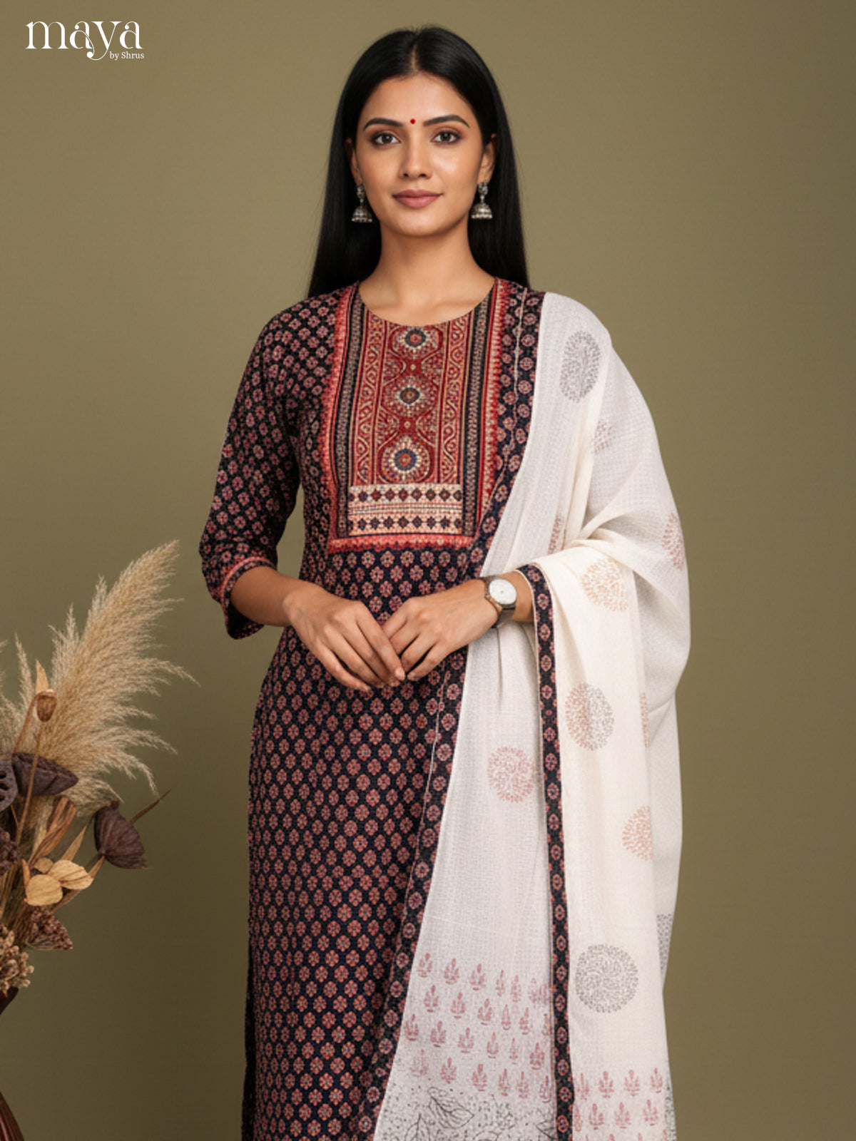 Classic Black Floral Printed Cotton Salwar Suit Set With White Dupatta