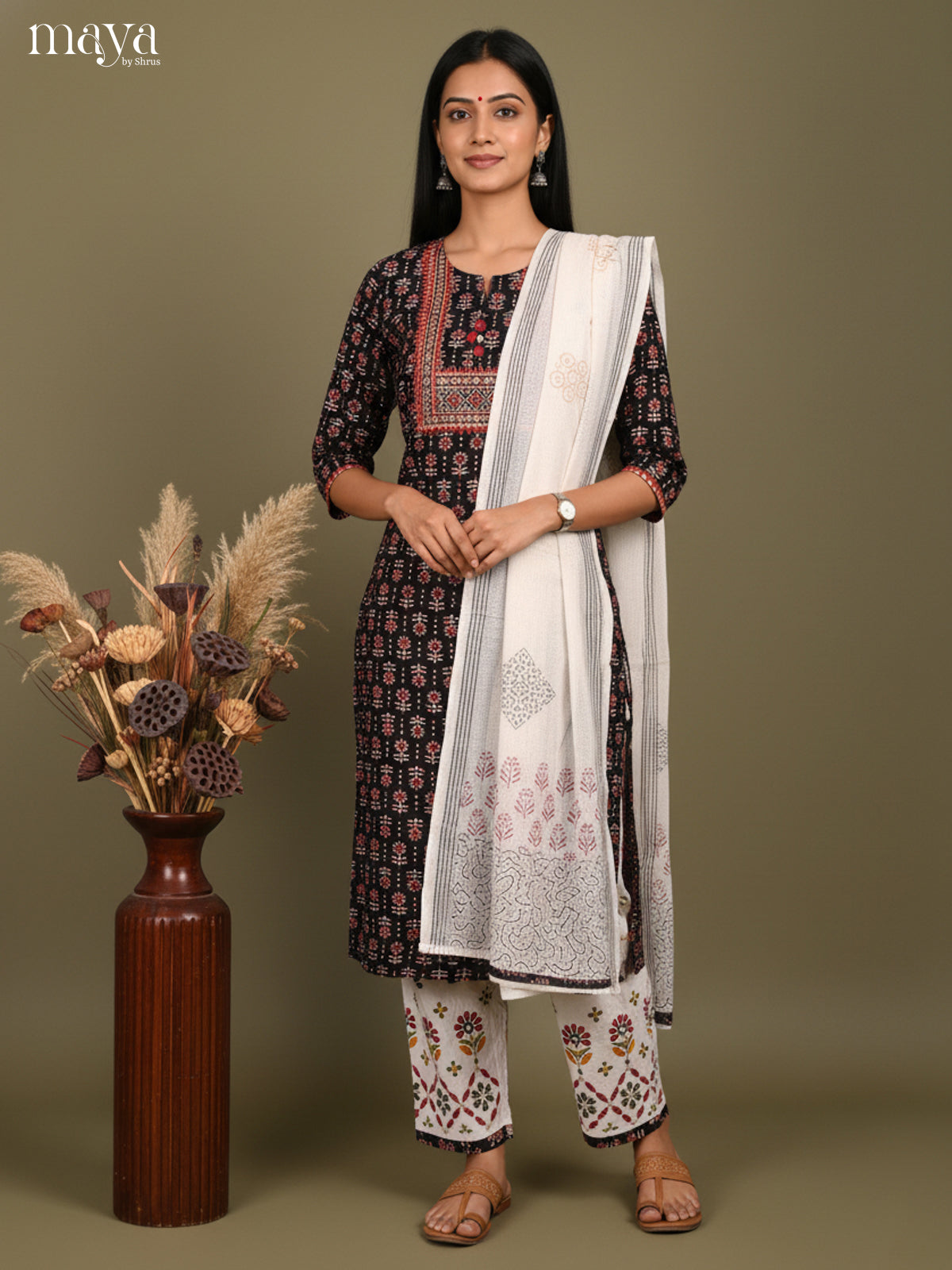 Sophisticated Black Floral Printed Cotton Salwar Suit Set With White Dupatta