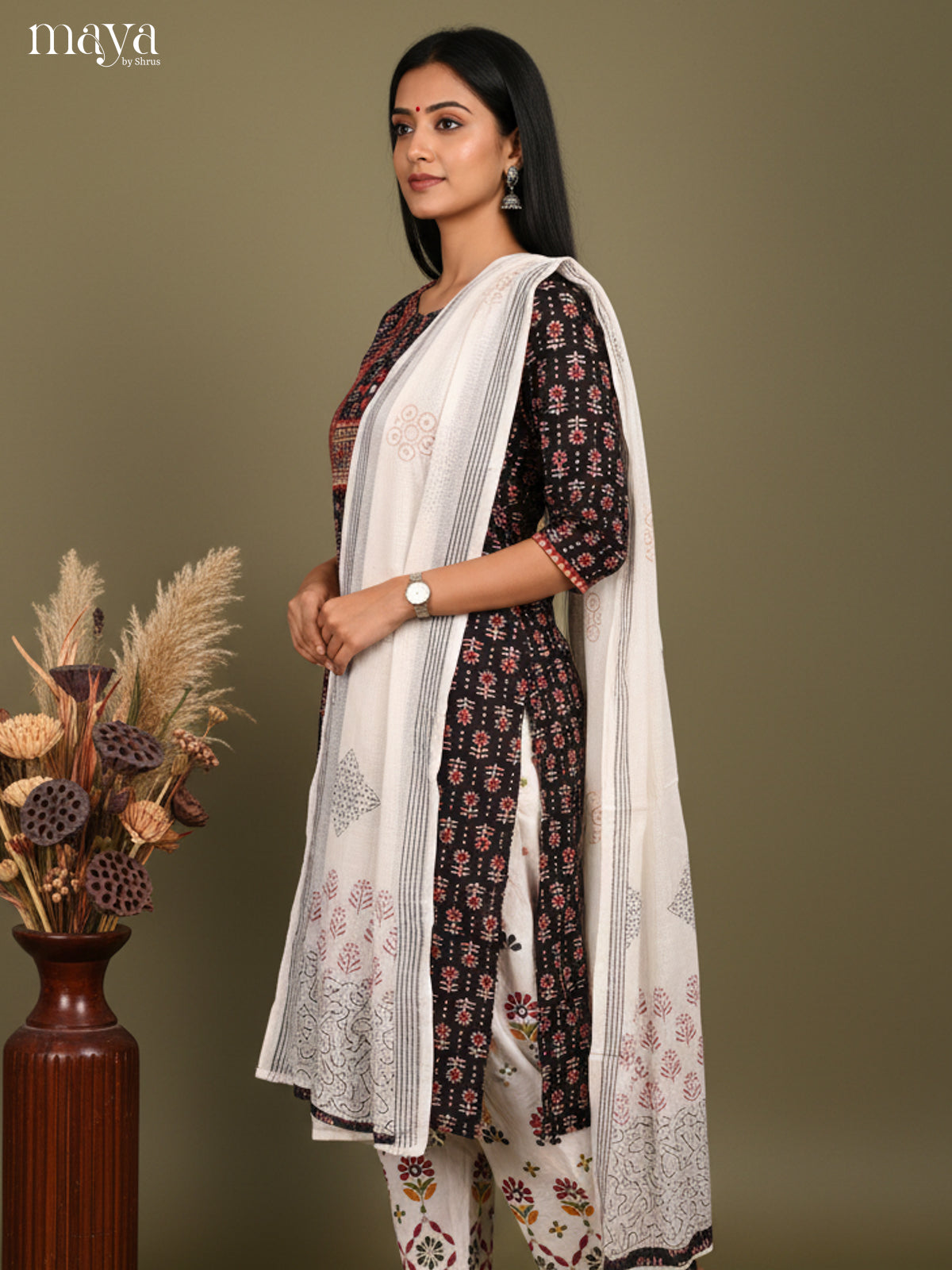 Sophisticated Black Floral Printed Cotton Salwar Suit Set With White Dupatta