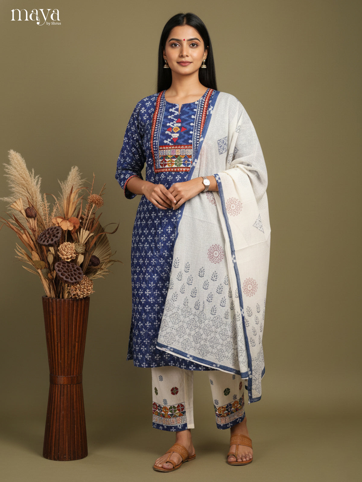 Majestic Indigo Readymade Salwar Set with Yoke Neck & White Dupatta