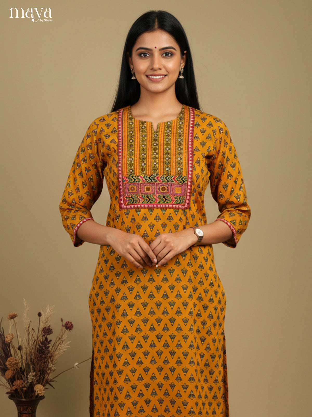 Chic Mustard Cotton Readymade Kurti With Ajrakh Prints & Yoke Neck 1