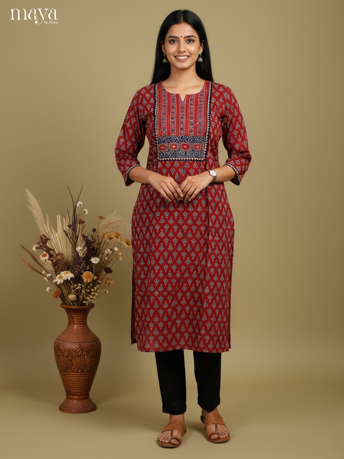 Exquisite Maroon Cotton Readymade Kurti With Yoke Neck