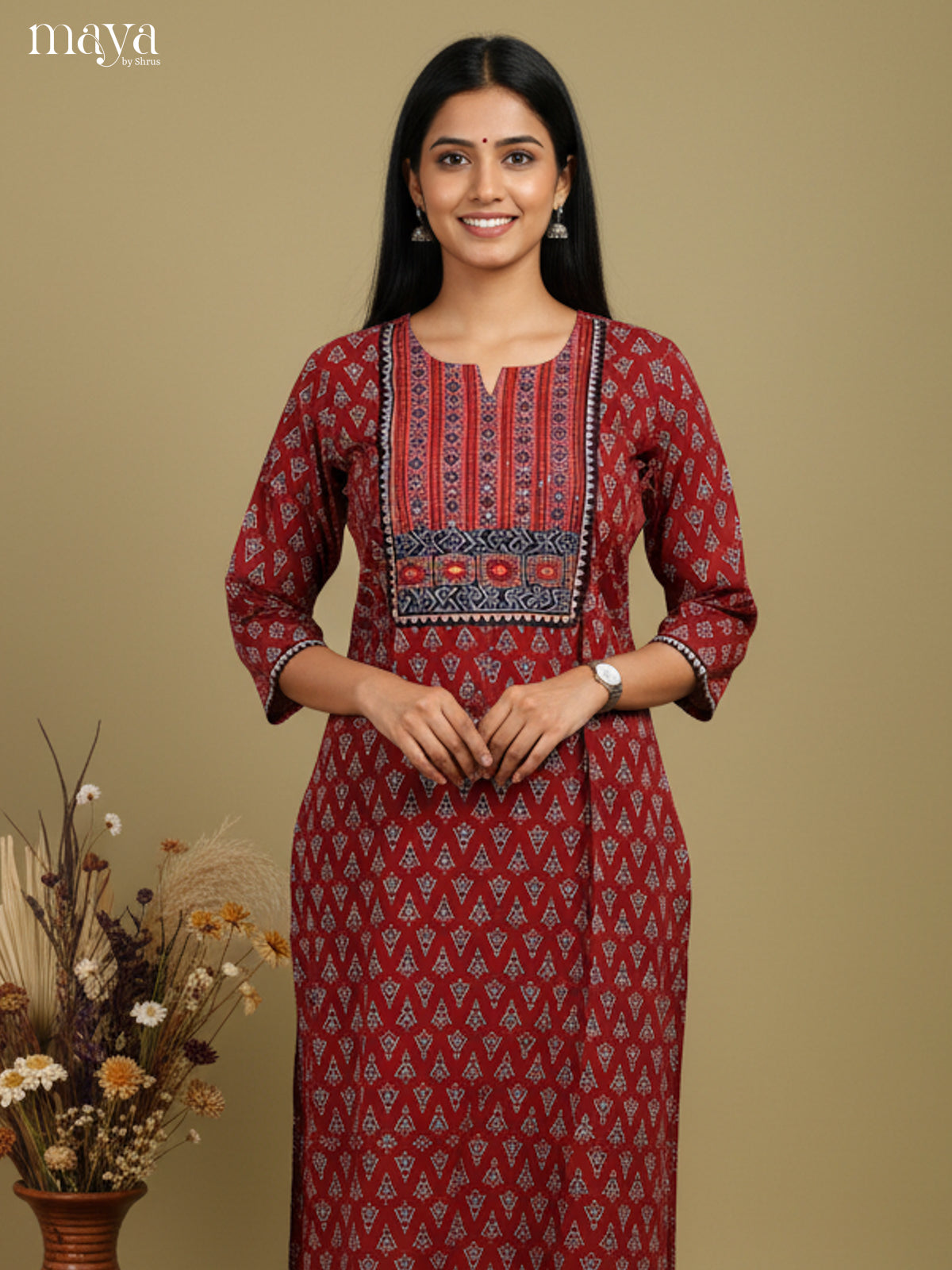Exquisite Maroon Cotton Readymade Kurti With Yoke Neck