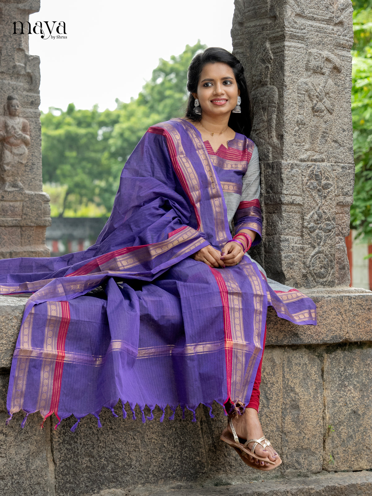 Pretty Grey & Blue Chettinad Cotton Readymade Salwar Set with Dupatta 5