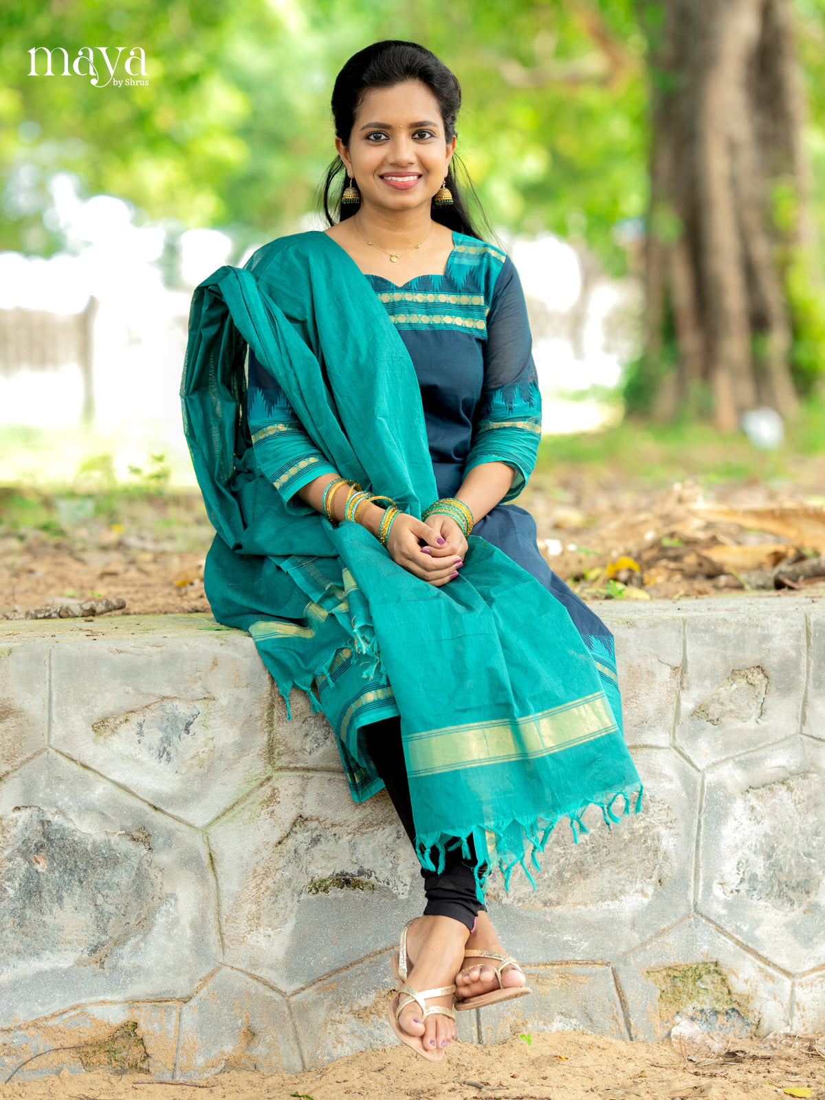 Graceful Blue & Teal Chettinad Cotton Readymade Straight Kurti Set With Dupatta 2