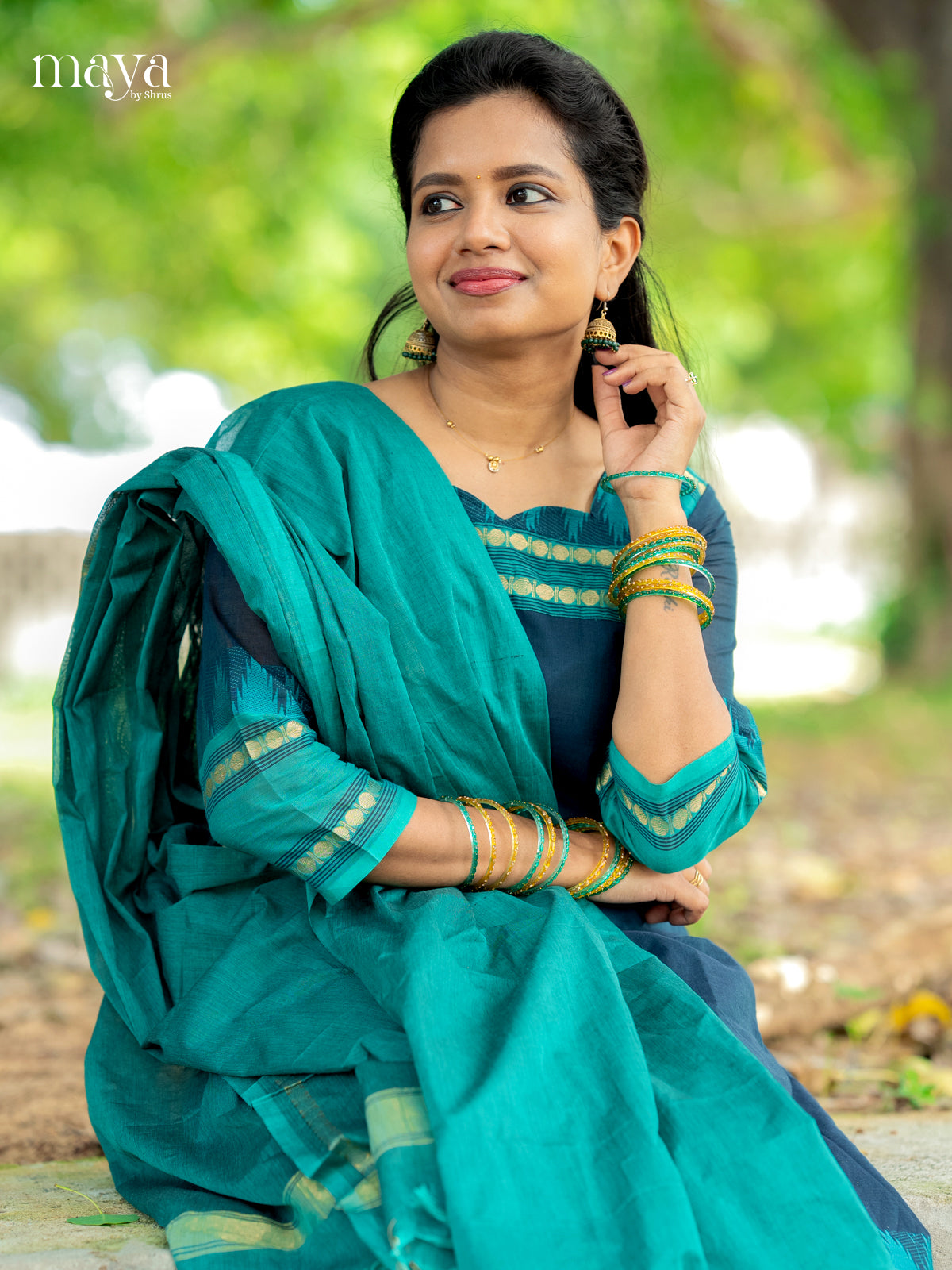 Graceful Blue & Teal Chettinad Cotton Readymade Straight Kurti Set With Dupatta 1