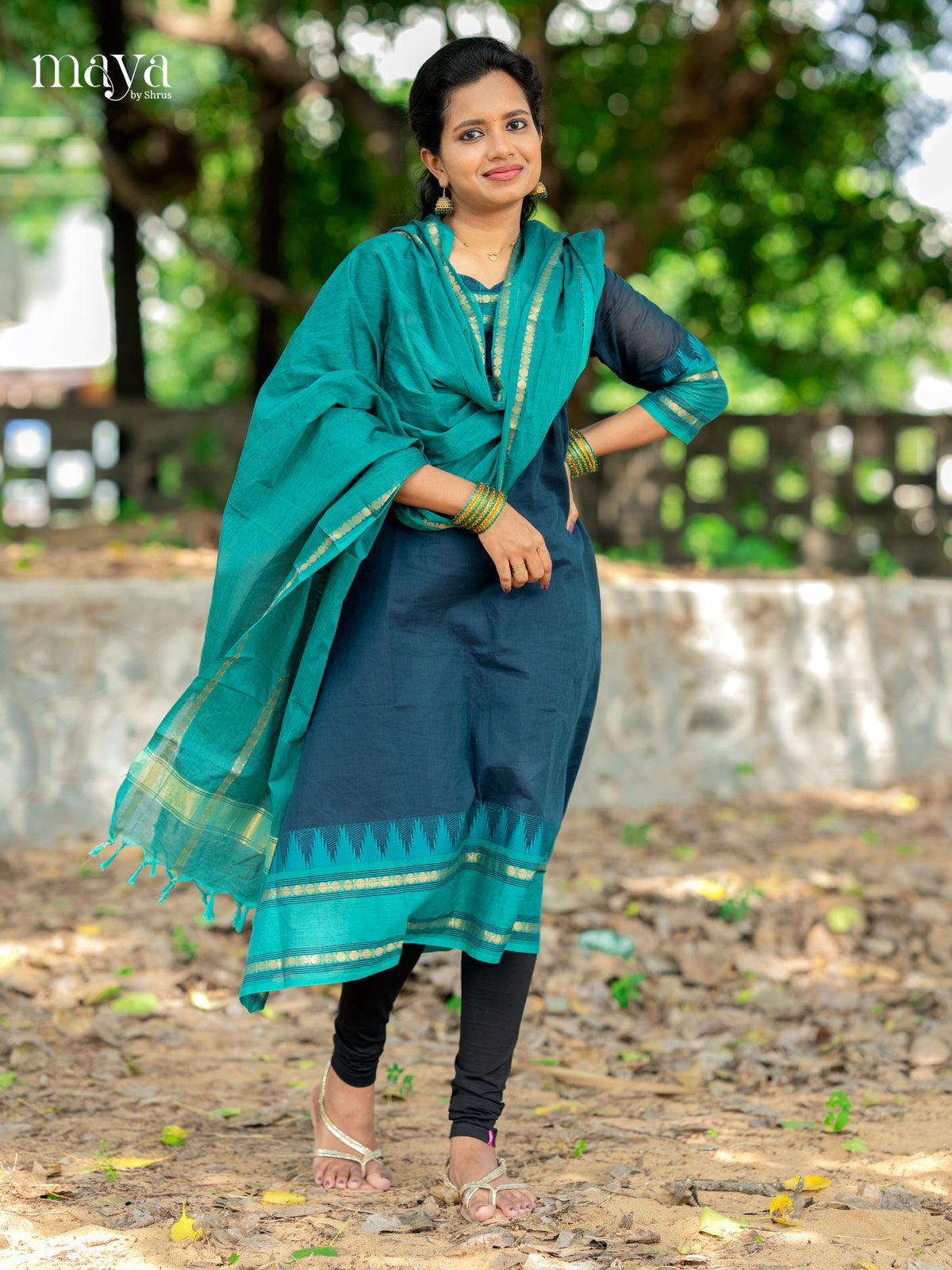 Graceful Blue & Teal Chettinad Cotton Readymade Straight Kurti Set With Dupatta