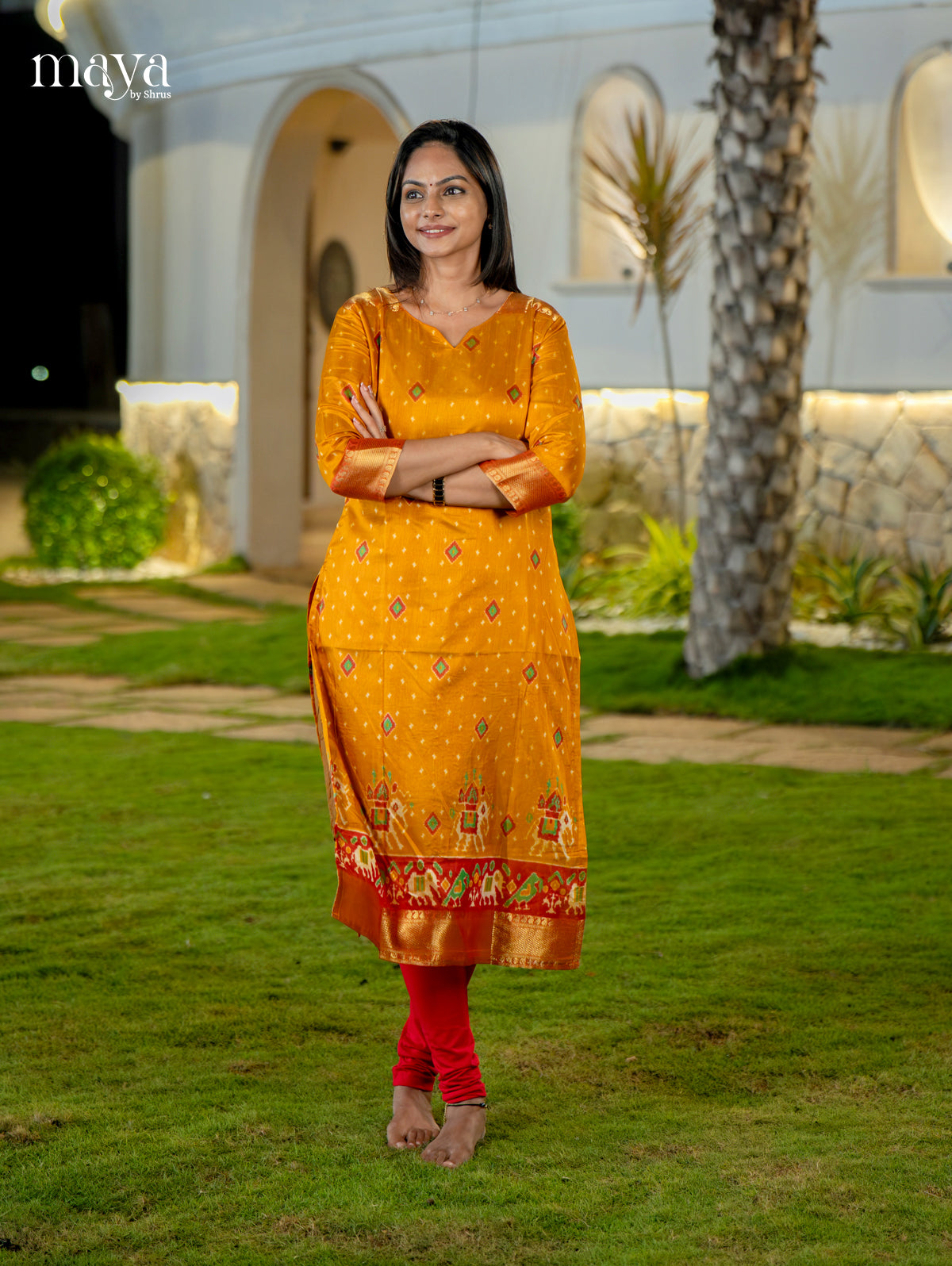 Luxurious Yellow Semi Patola Print Kurti with Silk Zari Border