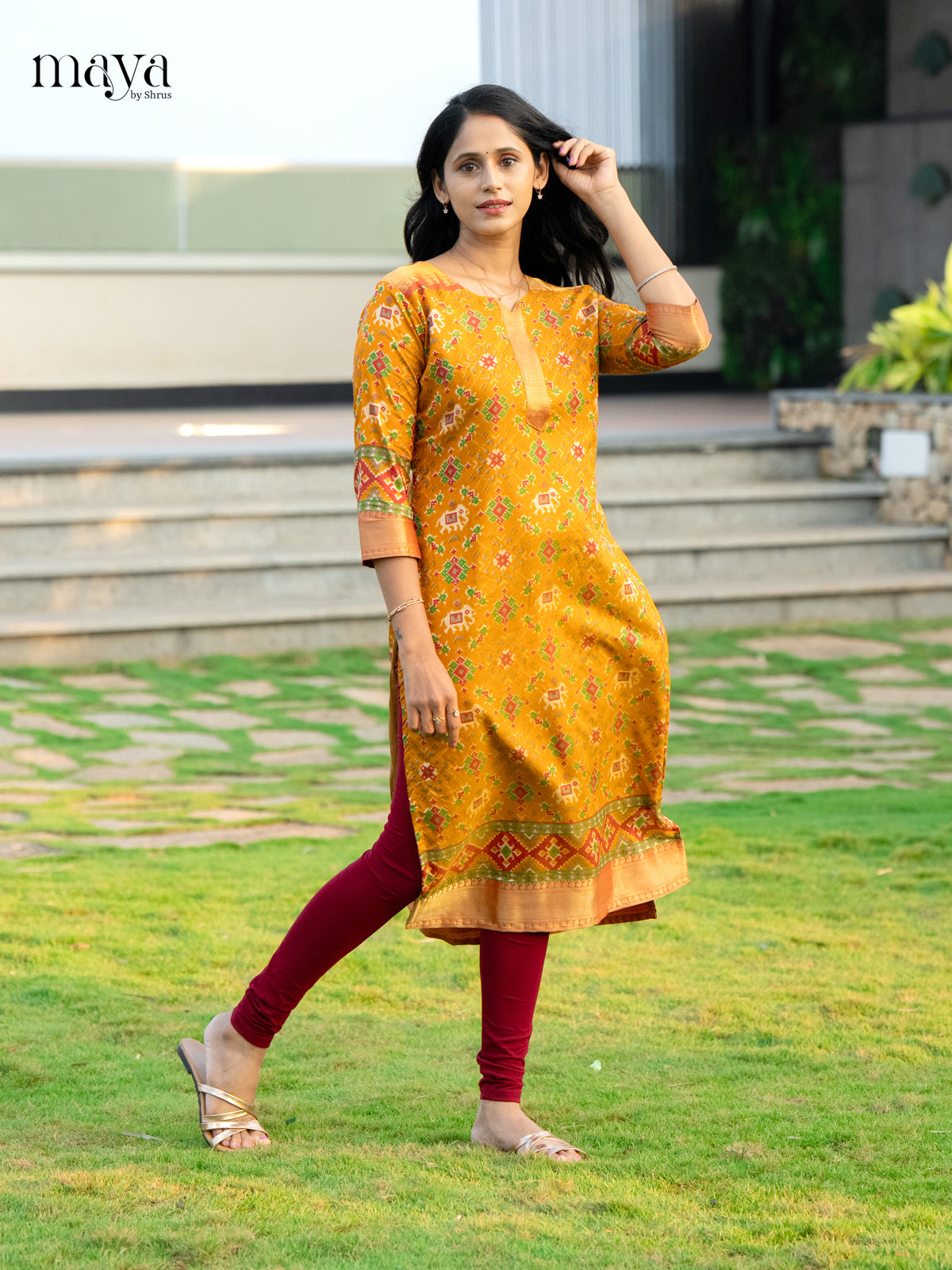 Beautiful Mustard Patola Print Kurti with Silk Zari Border