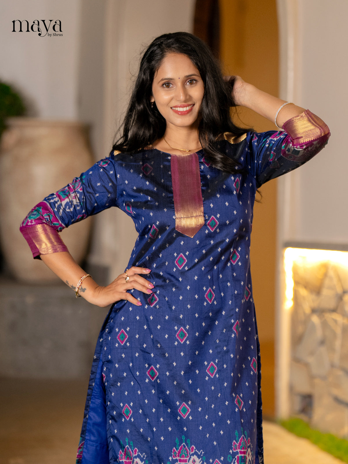 Classic Navy Blue Patola Print Kurti with Silk Zari Border