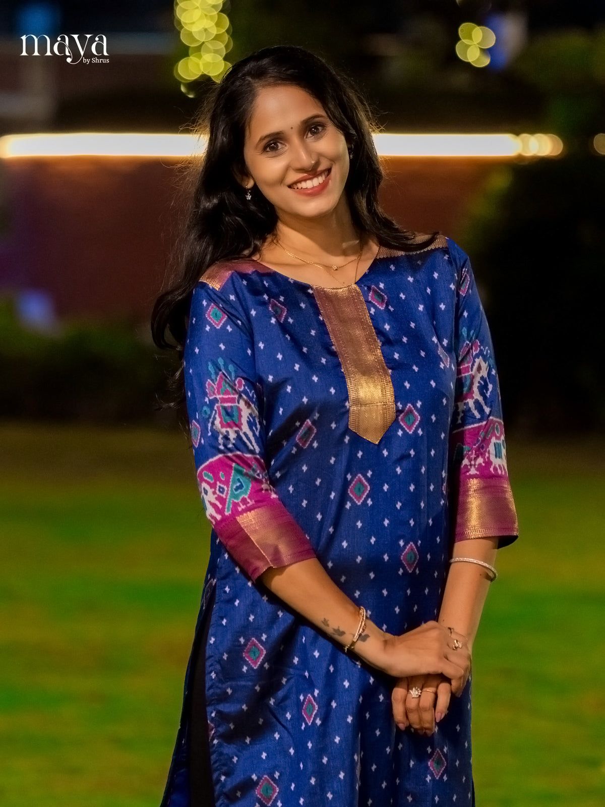 Classic Navy Blue Patola Print Kurti with Silk Zari Border