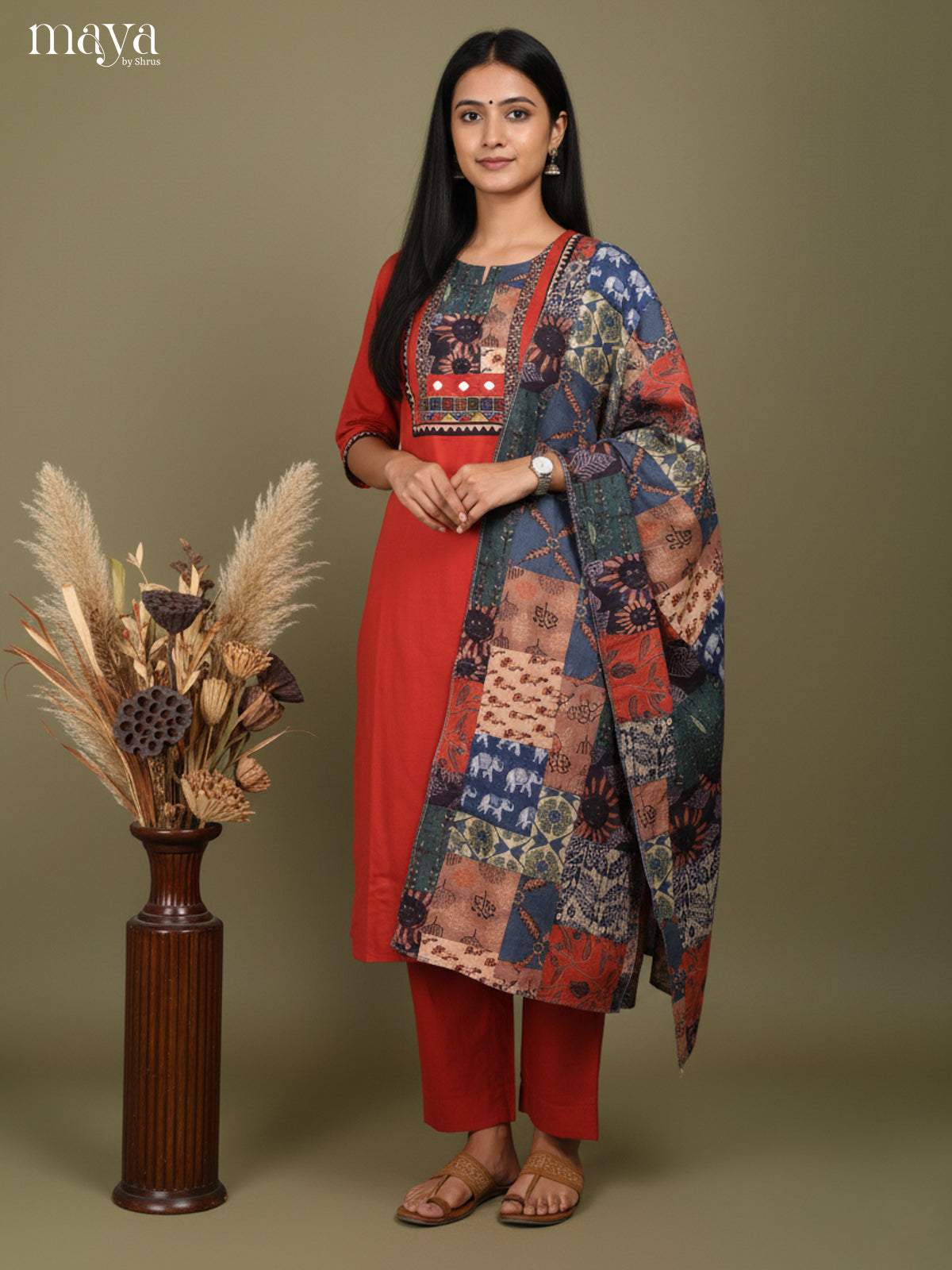 Red Readymade 3 Piece with printed Dupatta