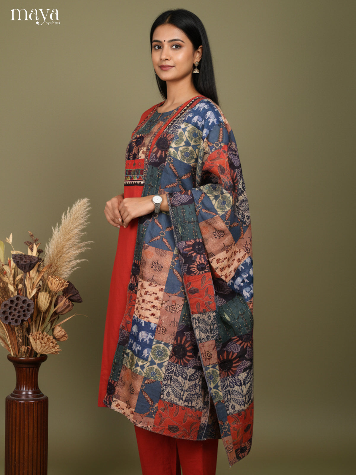 Red Readymade 3 Piece with printed Dupatta