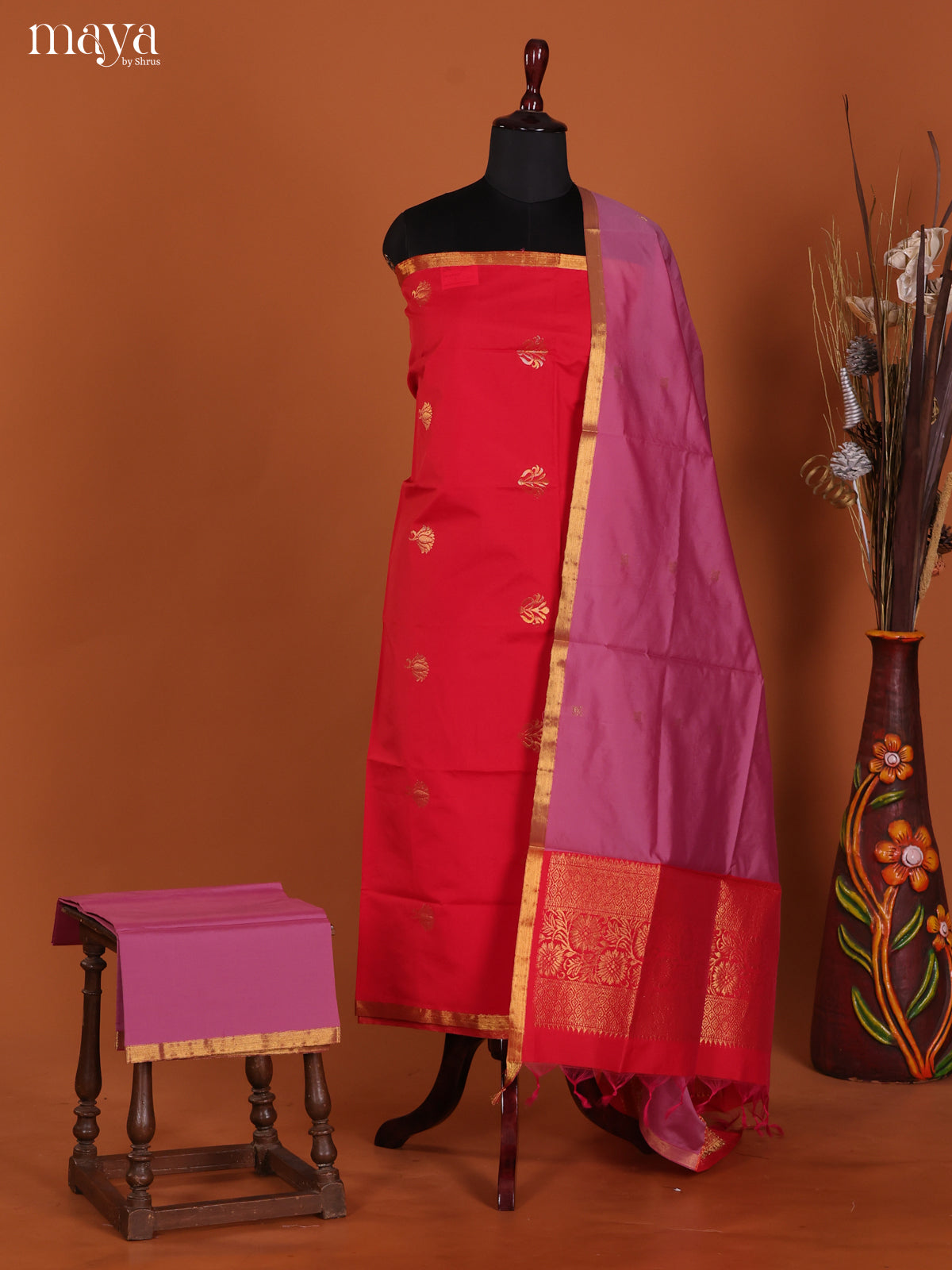 Stunning Red Semi Soft Silk Salwar Suit With Purple Dupatta & Zari Border