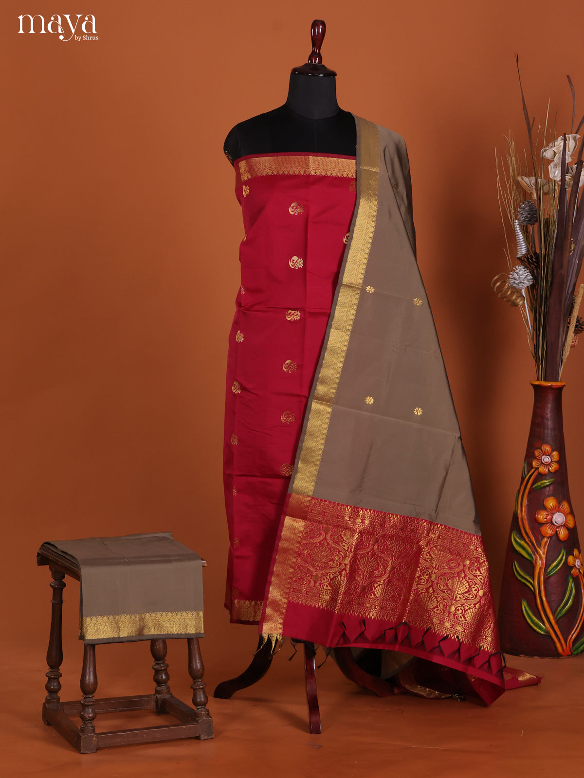 Timeless Red Semi Soft Silk Salwar Suit With Grey Dupatta & Zari Border