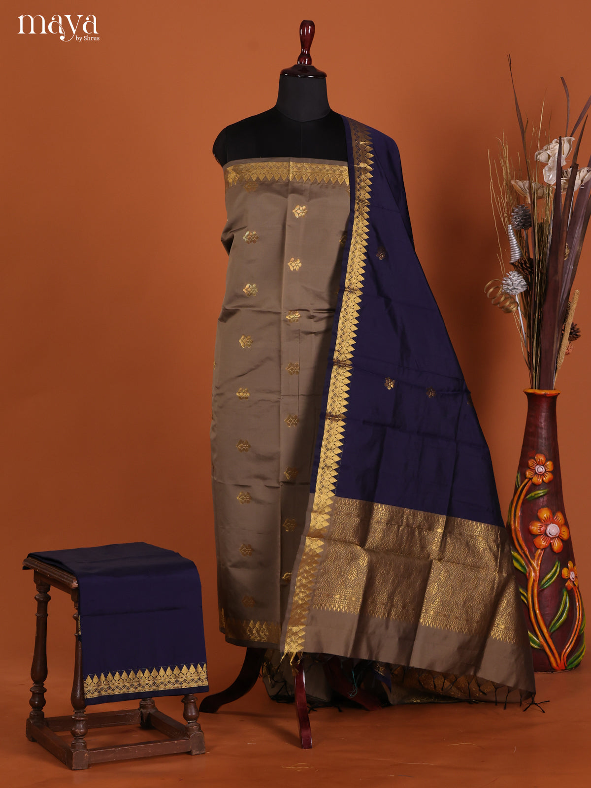 Pretty Grey Semi Soft Silk Unstitched Salwar Suit With Navy Blue Dupatta