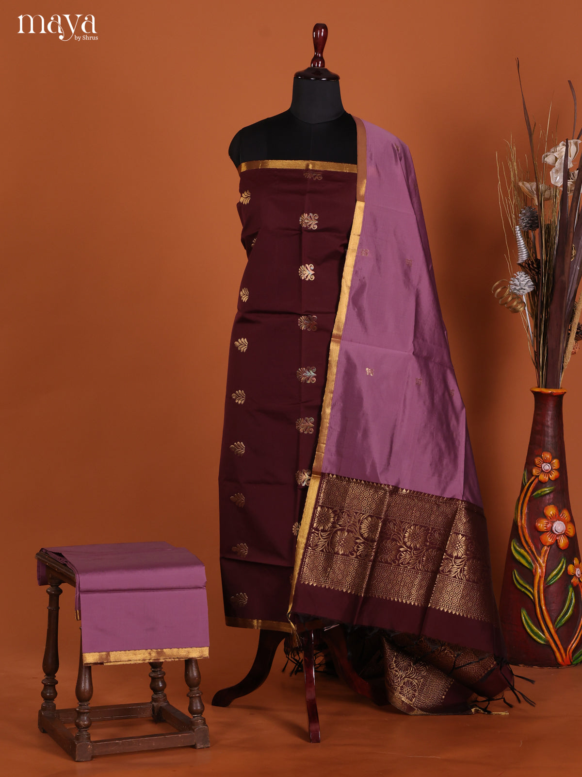 Pretty Maroon Semi Soft Silk Salwar Suit With Mauve Dupatta & Zari Border