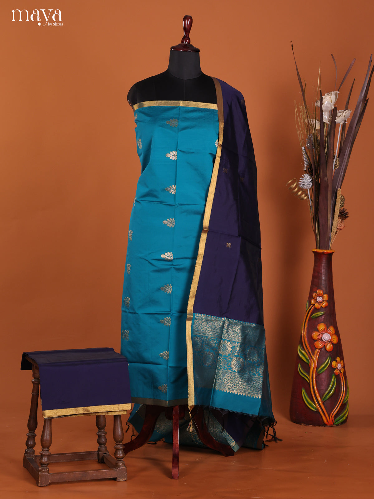 Serene Blue Semi Soft Silk Salwar Suit With Navy Blue Dupatta