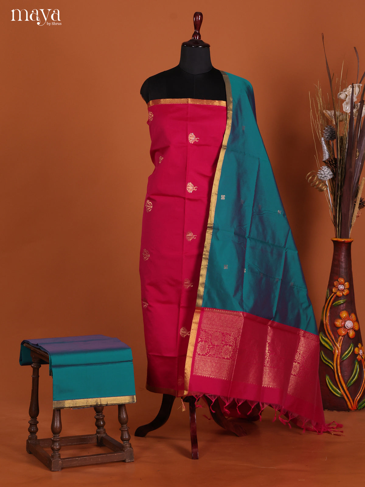 Radiant Pink Semi Soft Silk Salwar Suit With Teal Dupatta & Zari Border