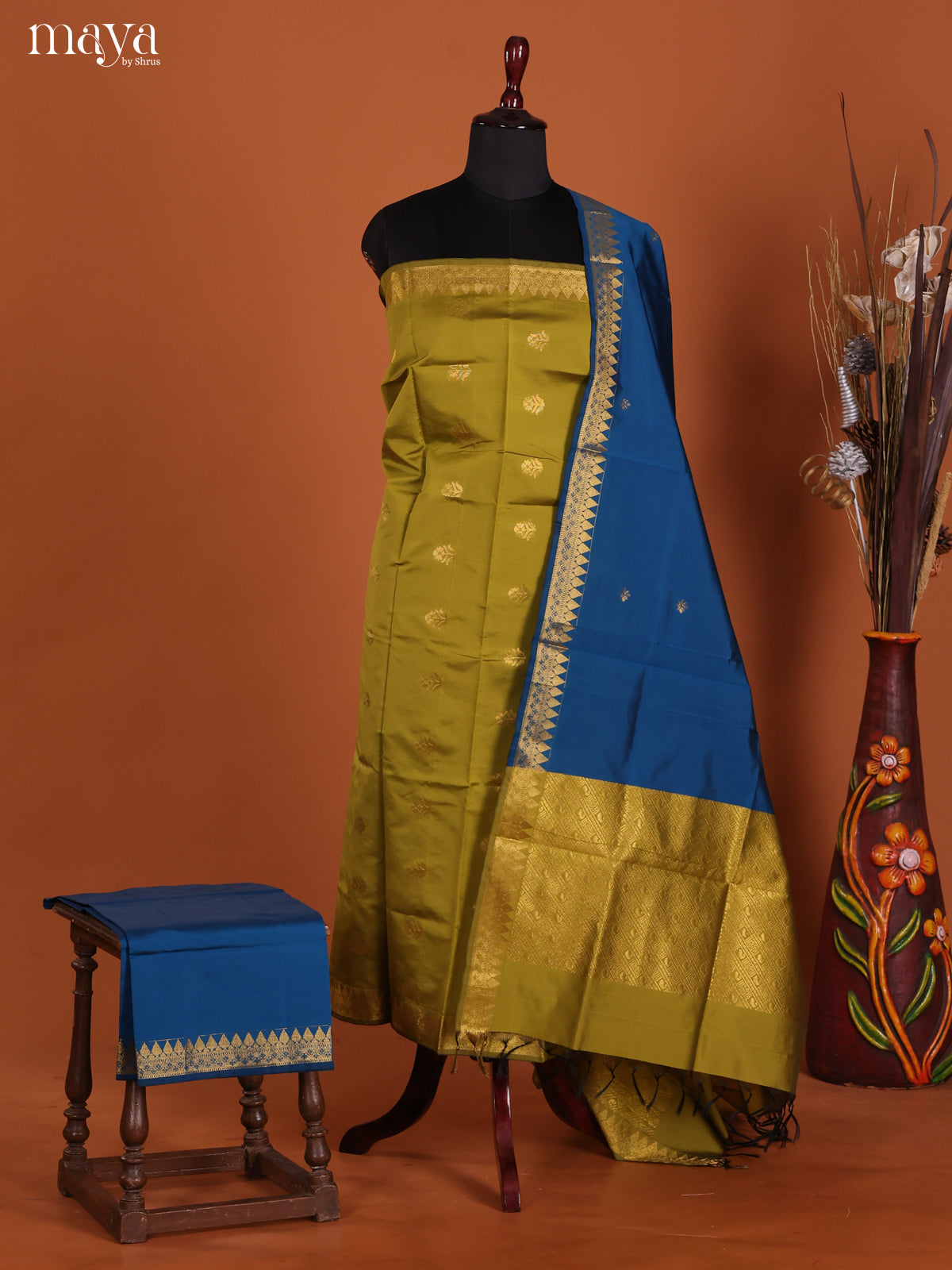 Pretty Mehendhi Green Semi Soft Silk Salwar Suit With Blue Dupatta