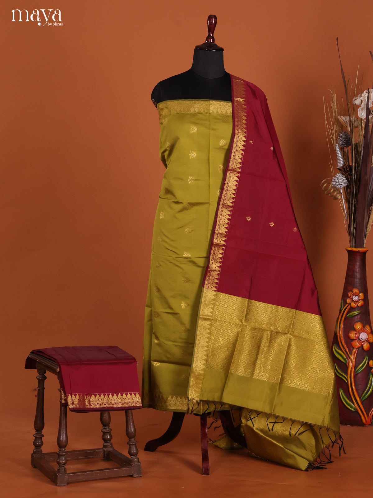 Pretty Mehendhi Green Semi Soft Silk Salwar Suit With Maroon Dupatta