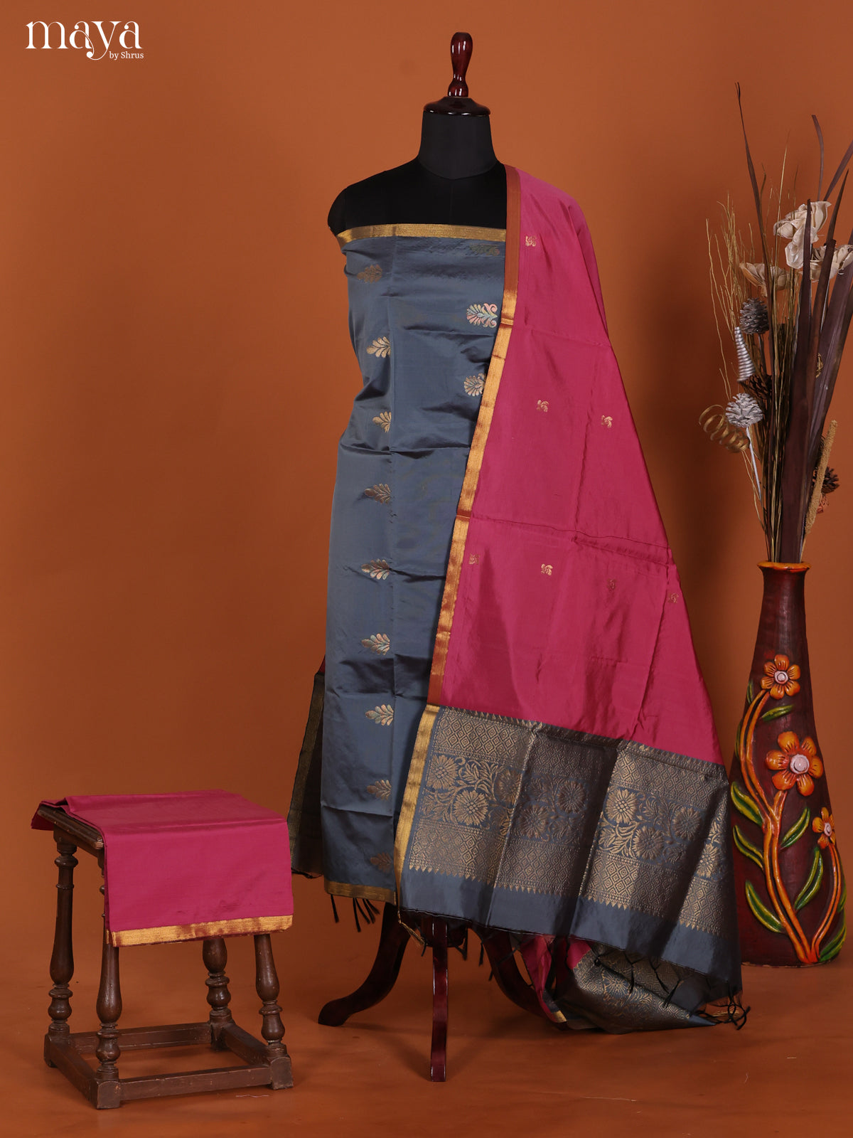 Adorable Grey Semi Soft Silk Salwar Suit With Maroon Dupatta & Zari Border