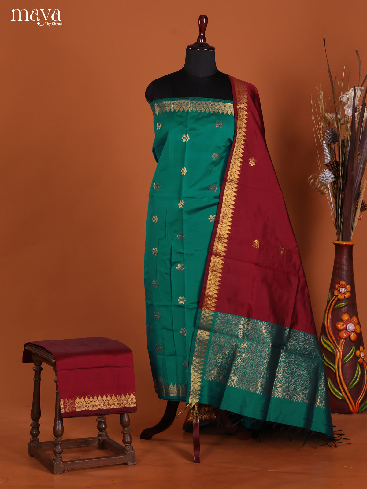 Serene Green Semi Soft Silk Salwar Suit With Maroon Dupatta & Zari Border