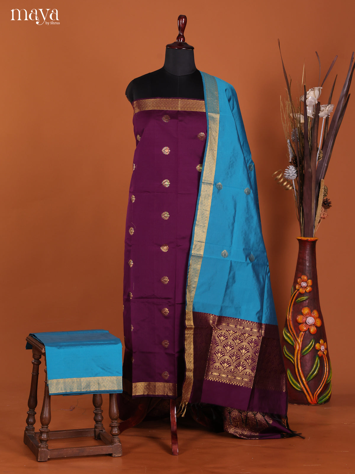 Majestic Purple Semi Soft Silk Material With Zari Buttas & Sky Blue Dupatta