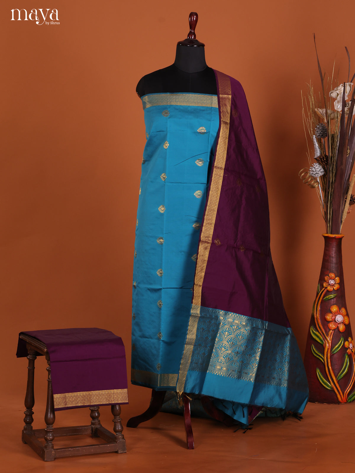 Serene Blue Semi Soft Silk Salwar Suit With Zari Buttas & Wine Dupatta