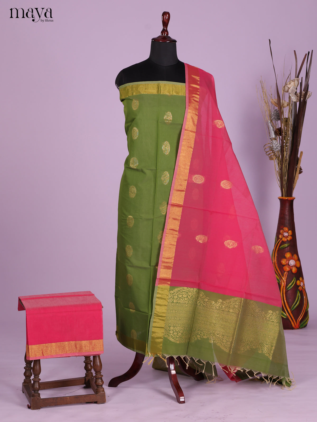 Green & Pink -Semi silkcotton salwar unstitch