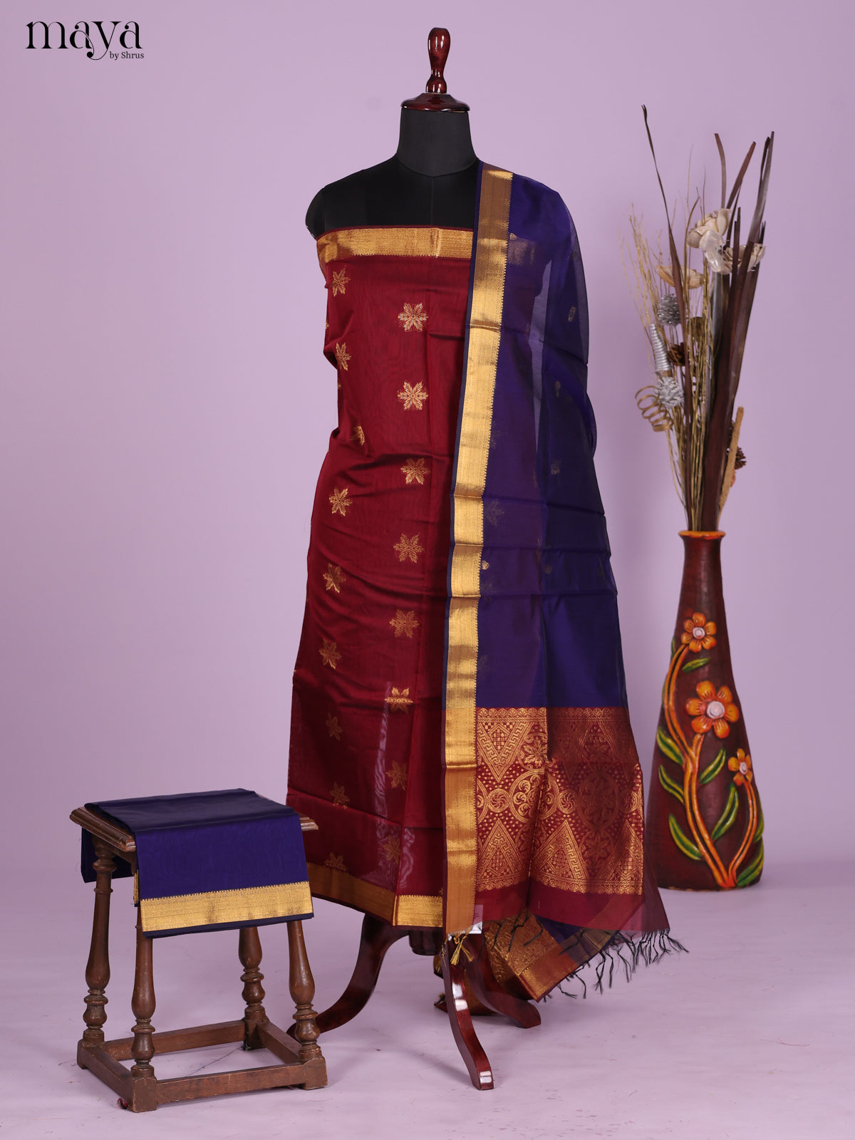 Maroon & Blue-Semi silkcotton salwar unstitch