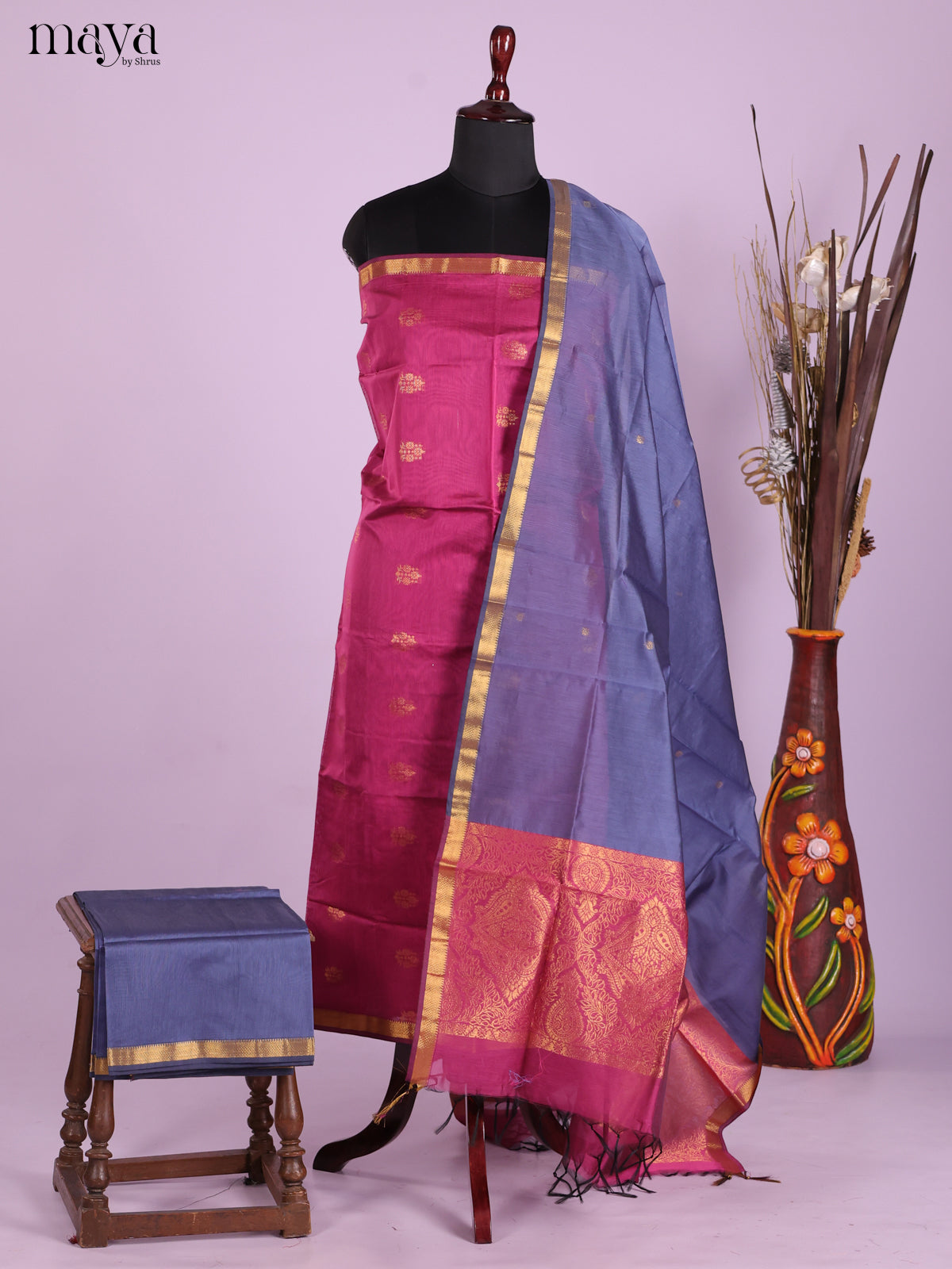 Pink & Blue-Semi silkcotton salwar unstitch
