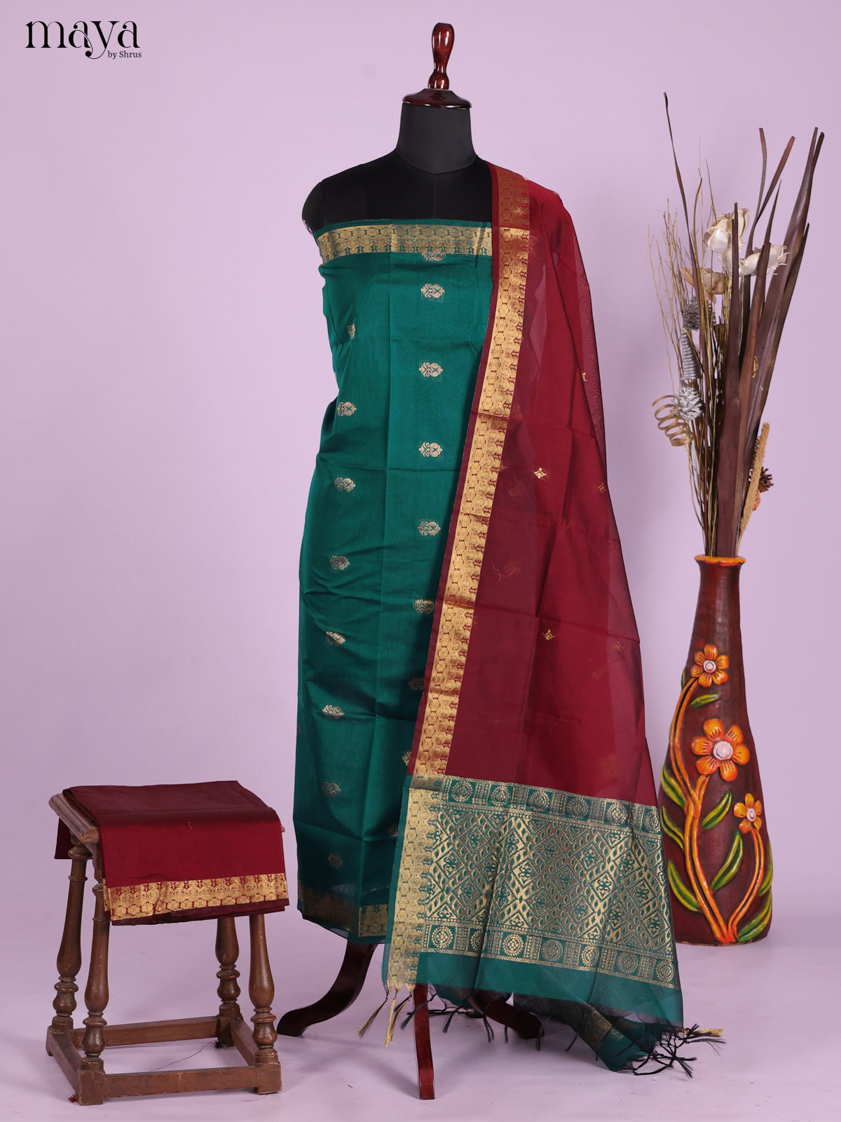 Green & Maroon-Semi silkcotton salwar unstitch