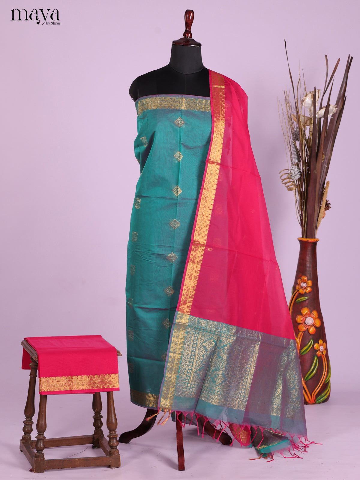 Green & Red-Semi silkcotton salwar unstitch