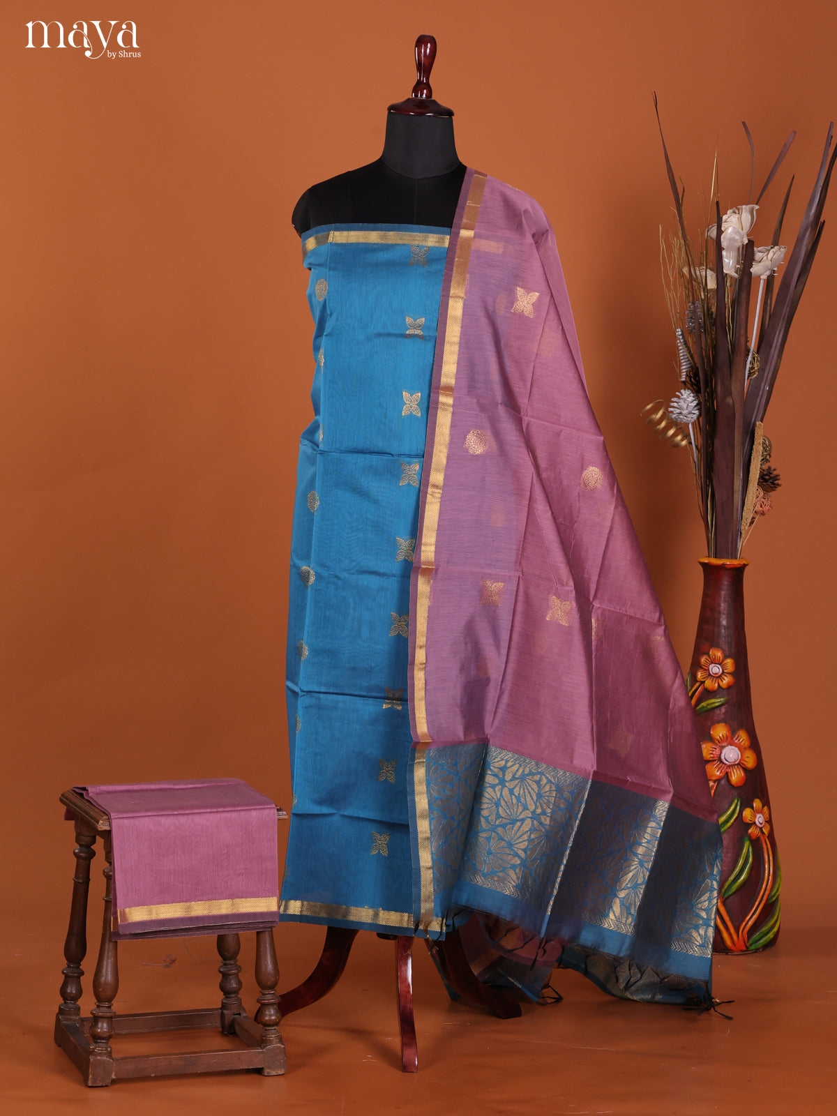 Blue & Lavender -Semi silkcotton salwar unstitch