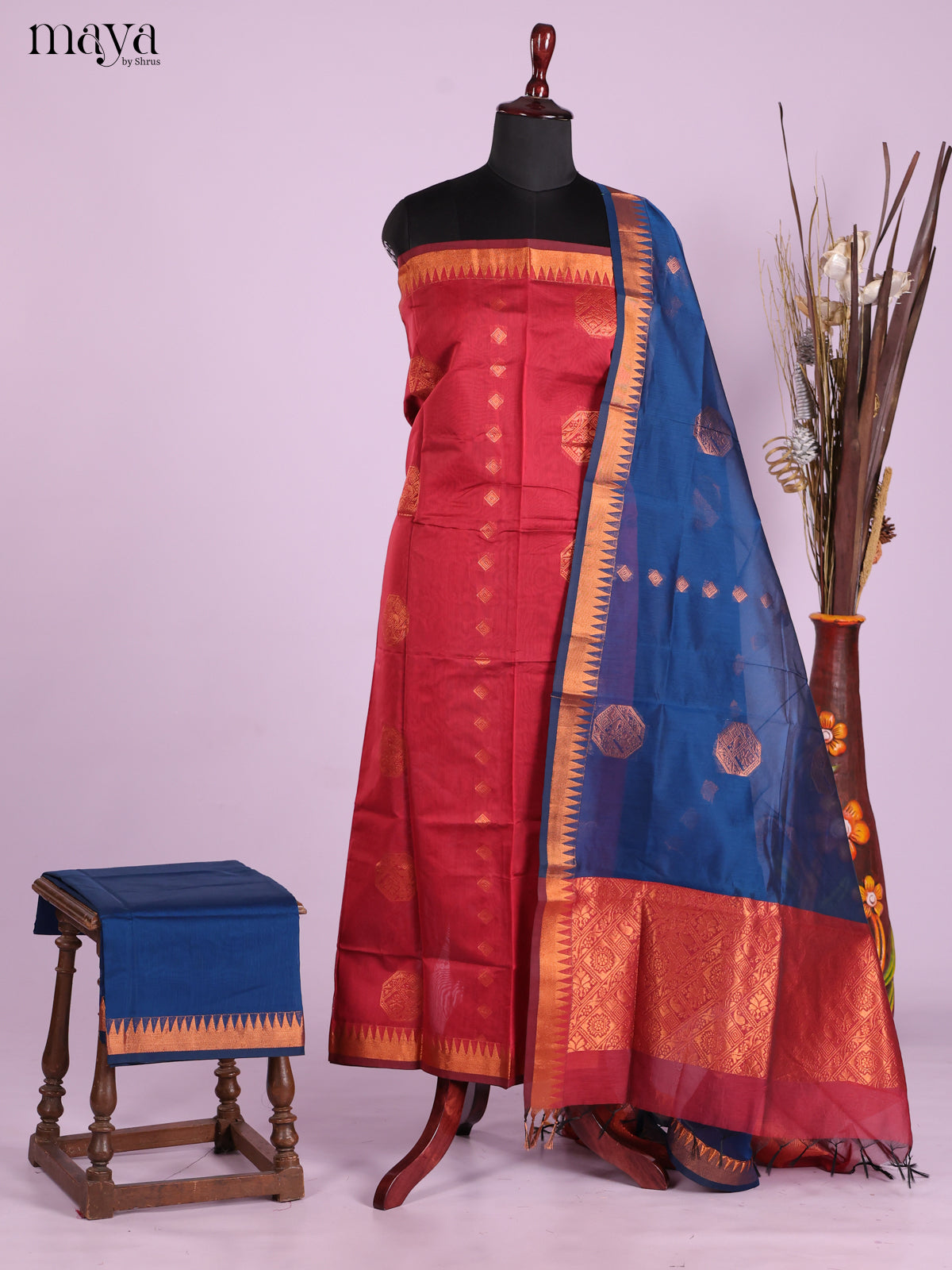Red & Blue -Semi silkcotton salwar unstitch