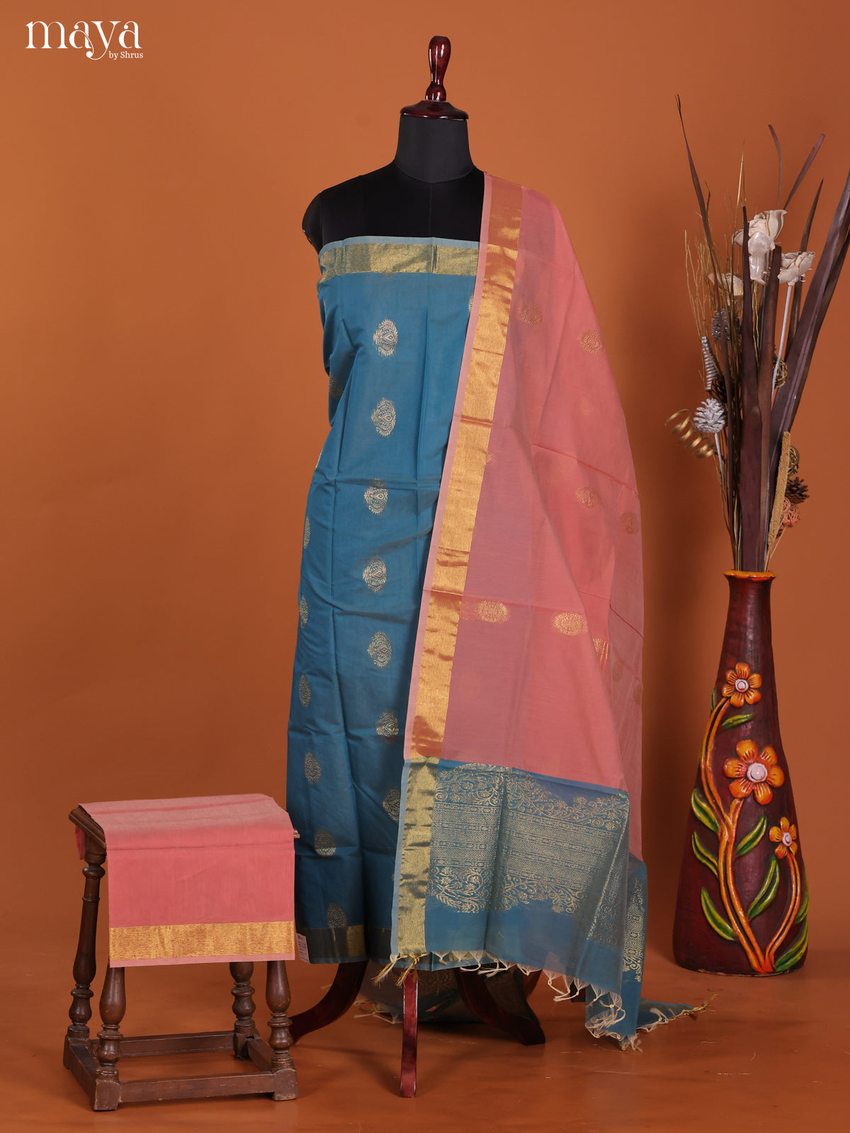 Blue & Peachish Pink -Semi silkcotton salwar unstitch