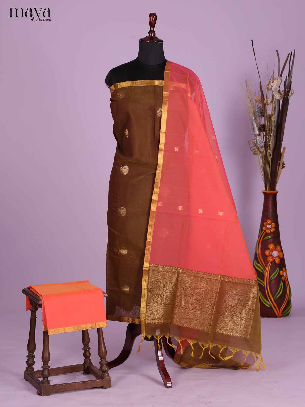 Brown & Orange-Semi silkcotton salwar unstitch