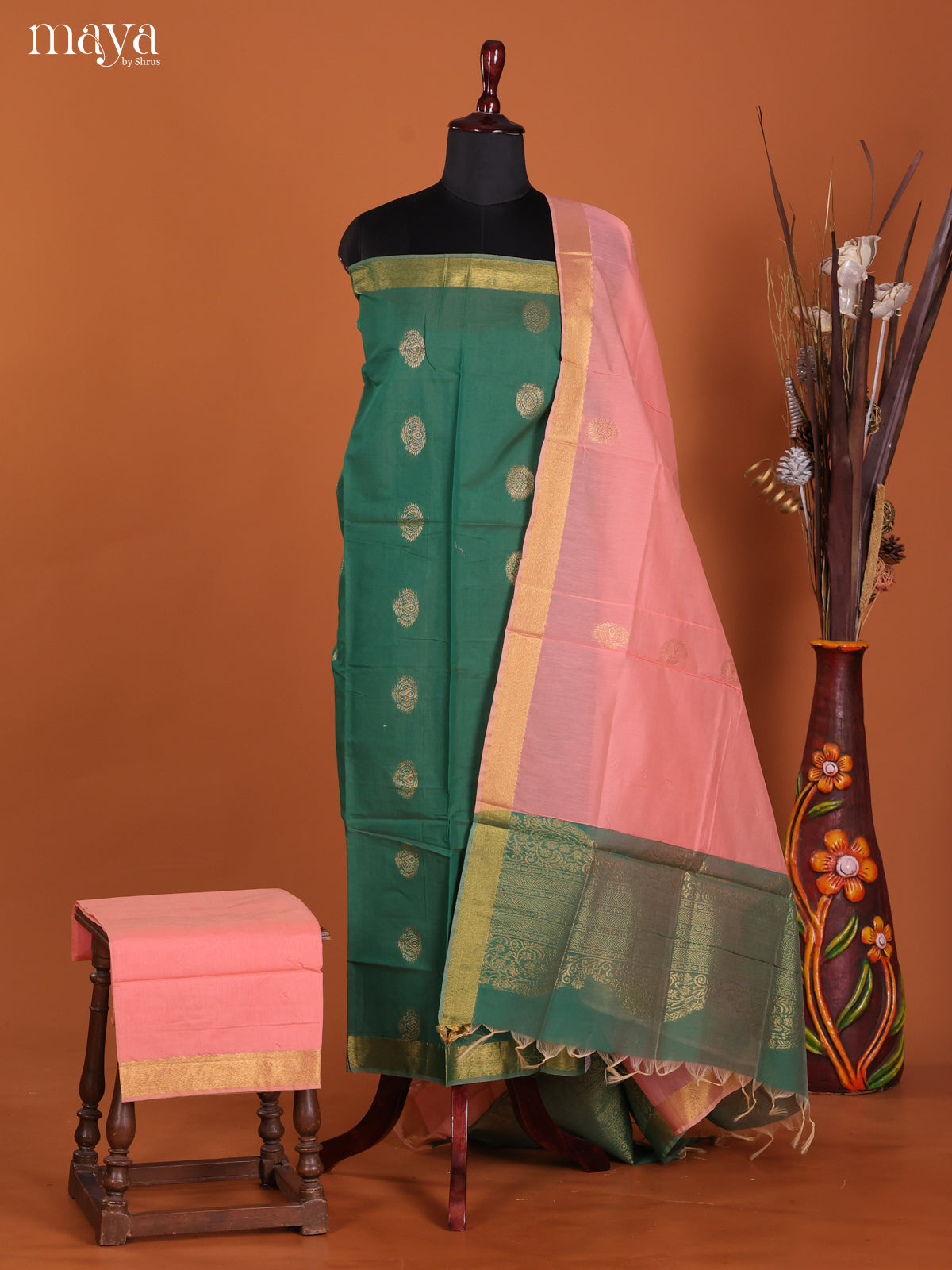 Green & Pink-Semi silkcotton salwar unstitch