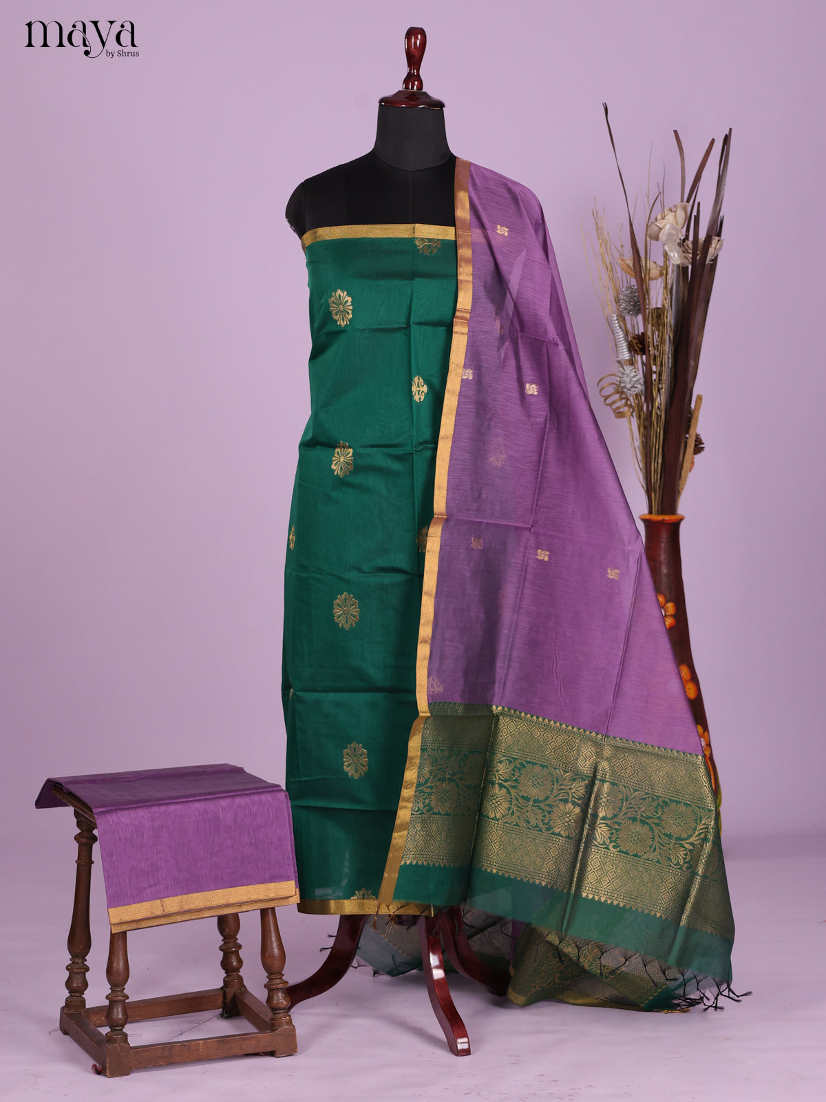 Green & Purple-Semi silkcotton salwar unstitch