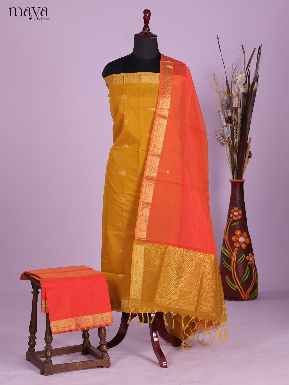 Yellow & Orange-Semi silkcotton salwar unstitch