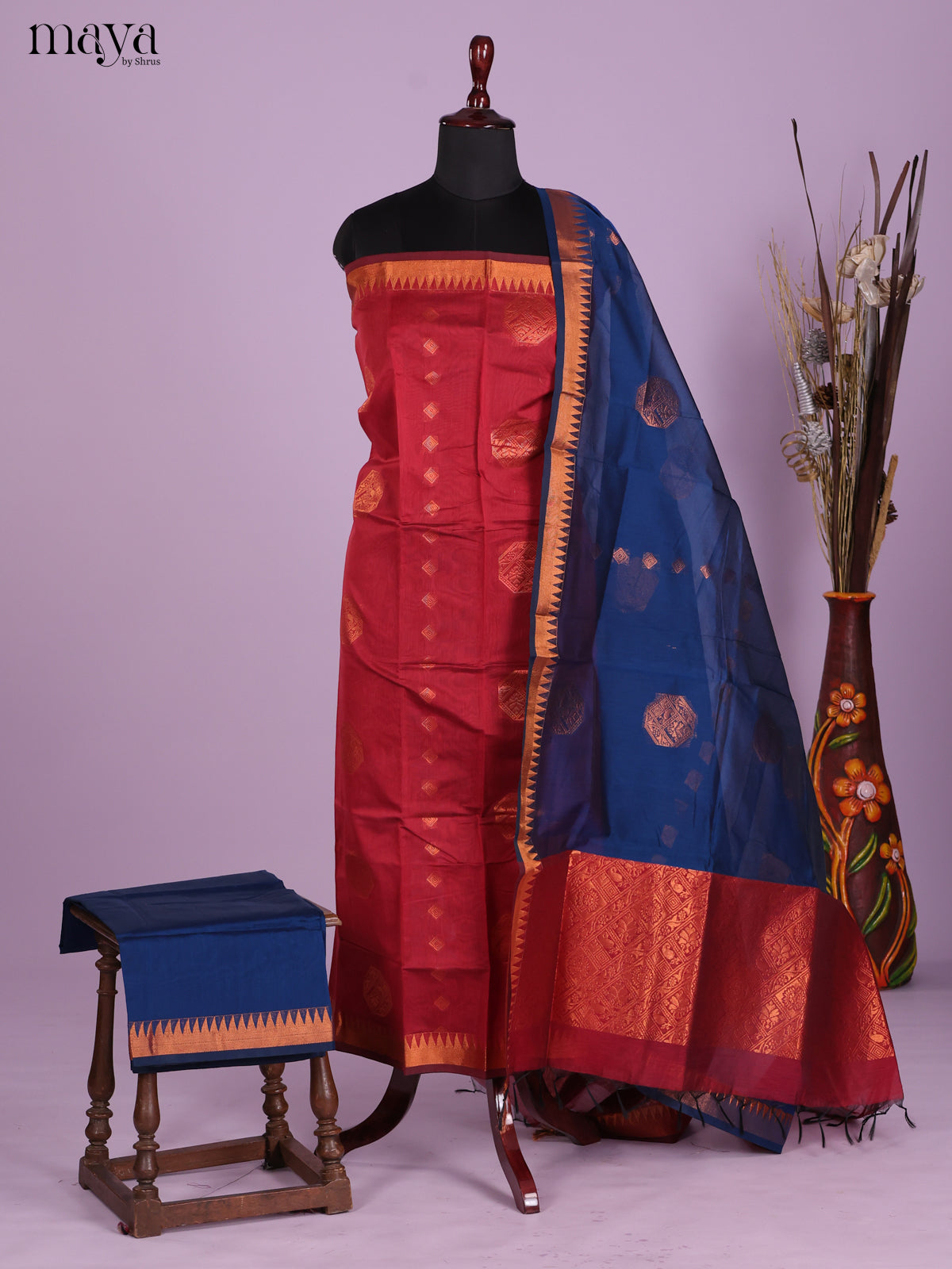 Red & Blue-Semi silkcotton salwar unstitch