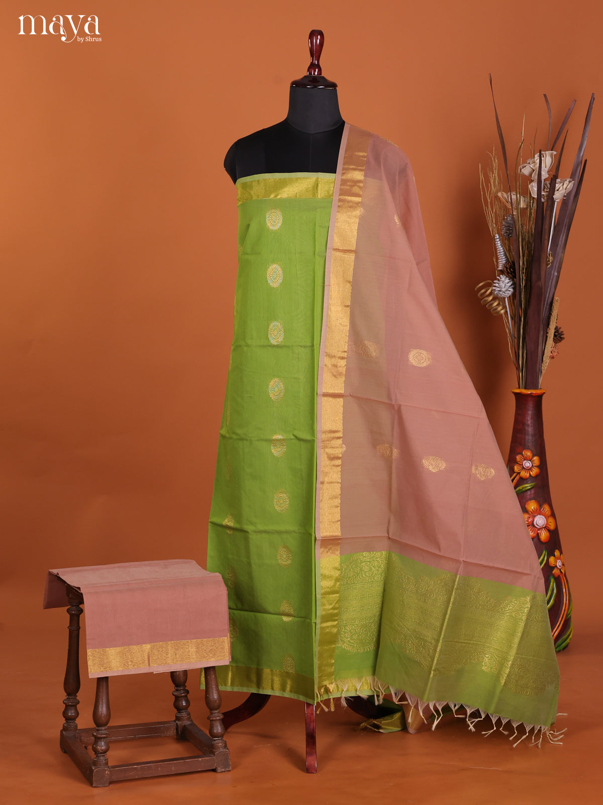 Light Green & Onion pink-Semi silkcotton salwar unstitch