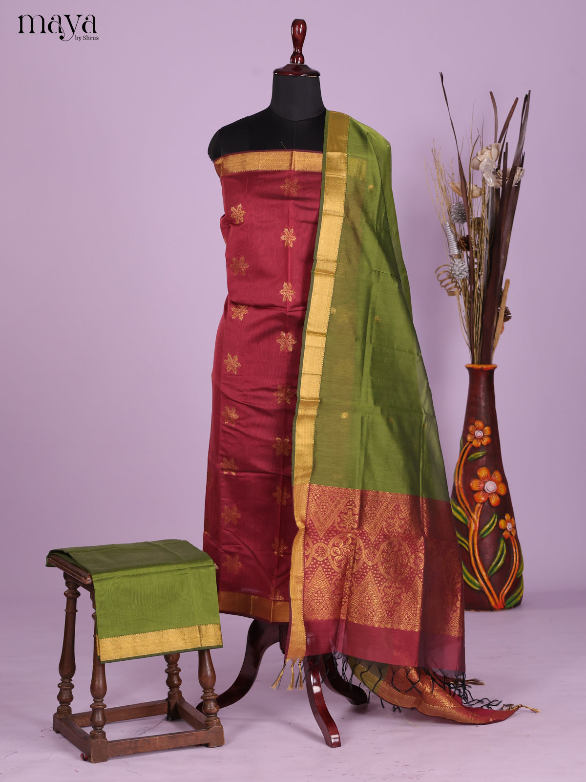 Maroon & Green-Semi silkcotton salwar unstitch