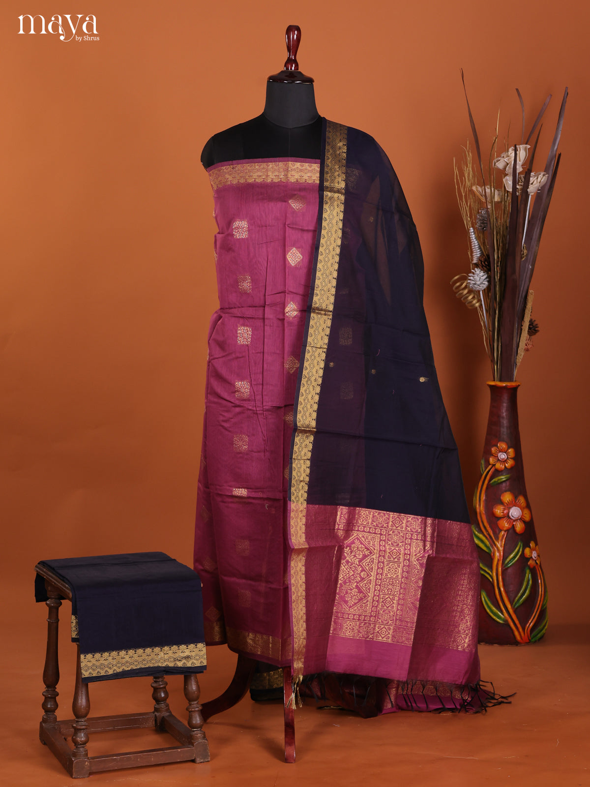 Pink & Blue-Semi silkcotton salwar unstitch