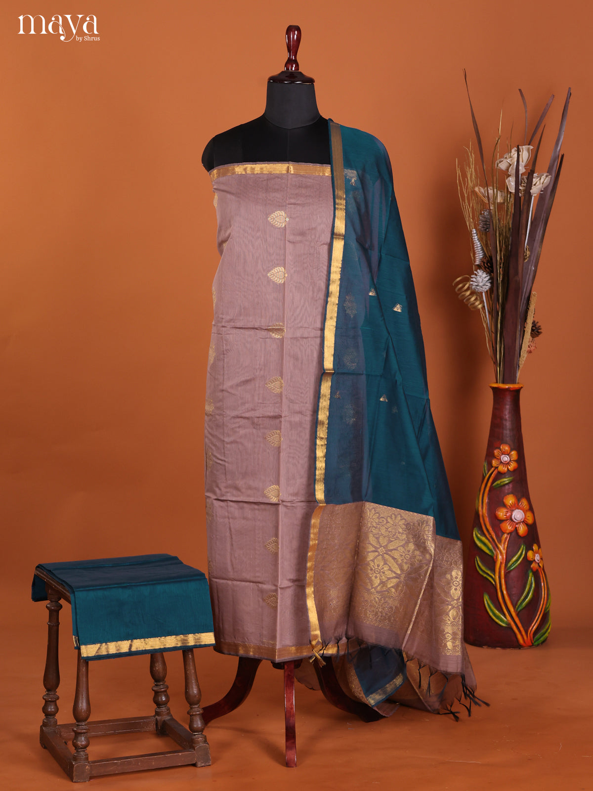 Mauve & Blue-Semi silkcotton salwar unstitch